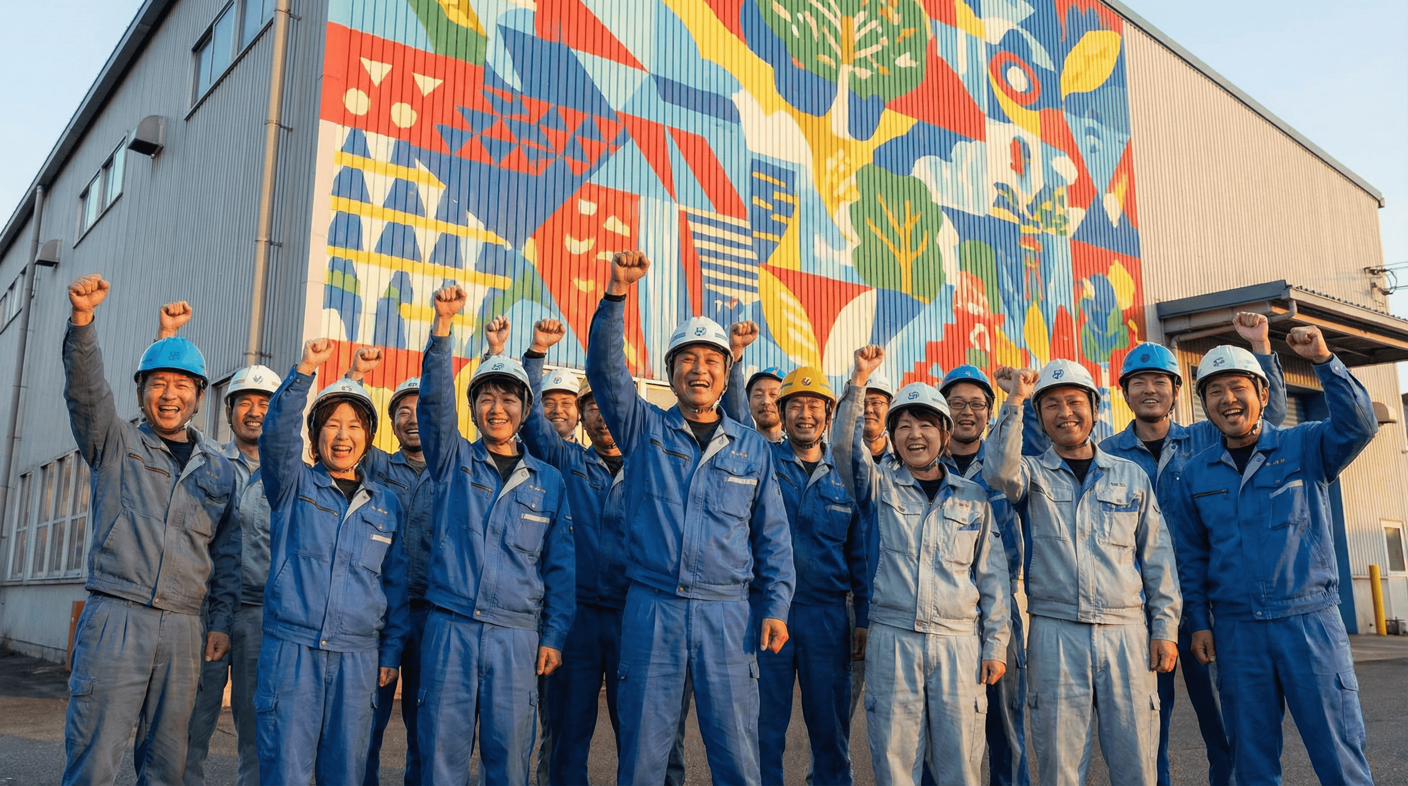 壁画の前でガッツポーズする社員