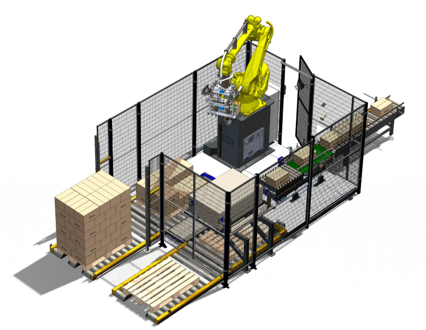 パレタイズ用産業用ロボットと搬送ラインの設備イメージ